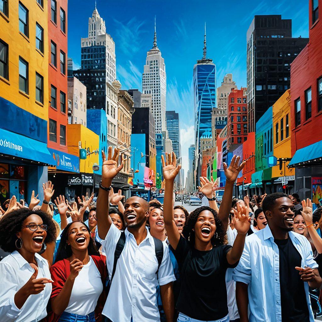 A bustling cityscape where diverse people engage in various forms of communication through hand gestures, showcasing a lively urban environment with skyscrapers in the background. Incorporate vibrant colors, street art, and dynamic expressions to convey energy and connection among city dwellers. Capture the essence of urban life with a focus on multicultural interactions. super-realistic. vibrant colors.