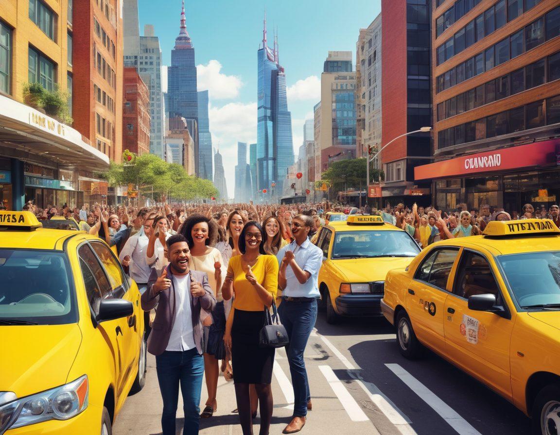 A bustling city street scene filled with diverse people using various hand signals for communication. Showcase a vibrant mix of thumbs up and thumbs down gestures, emphasizing expressions of approval and disapproval on faces. Include iconic city elements like skyscrapers and taxis. The overall atmosphere should reflect the dynamic interaction of urban life. colorful illustration. lively cartoon style. vibrant colors.